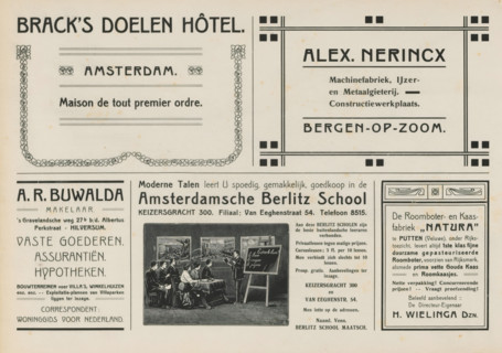 Advertisements, album page, Advertisements for, among others, Brack's Doelen Hotel, Alex Nerincx,