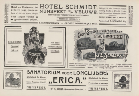 Advertisements, album page, photomechanical print, Advertisements for, among others, Hotel Schmidt,