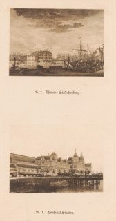 Two views of Amsterdam Central Station, one of which is a reproduction of a print of the new city