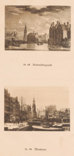 Two views of the Binnen-Amstel and the Munttoren in Amsterdam, one of which is a reproduction of a