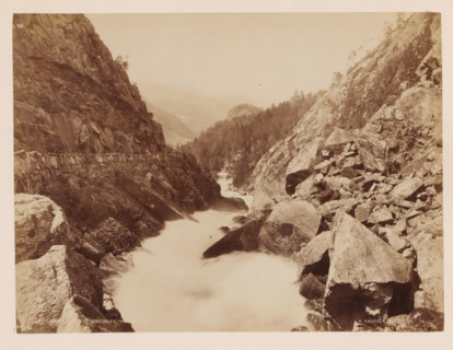Parti Af Oddedalen, Norway, photograph, View of a wild flowing river between mountains and rocks,