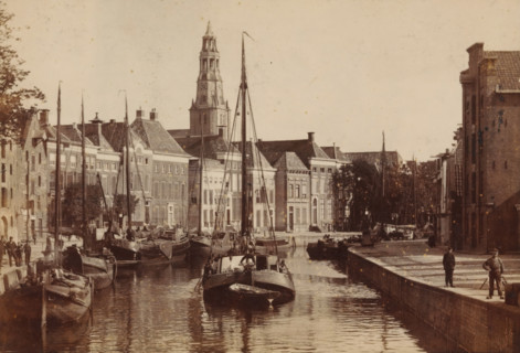 View of the Hoge der A in Groningen, with the tower of the Der Aa-kerk in the background,