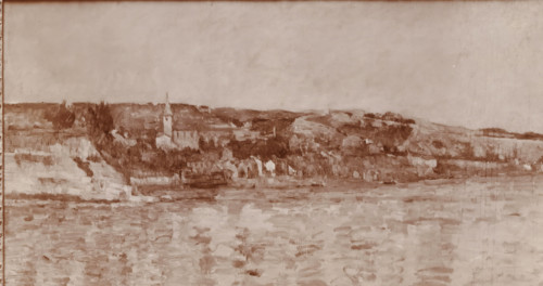 Photo reproduction of a painting with a view of a city on a river by Paul Cézanne from the