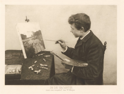 Boy paints a landscape, During the holidays, page, photomechanical print, photographer: W. Meijer,