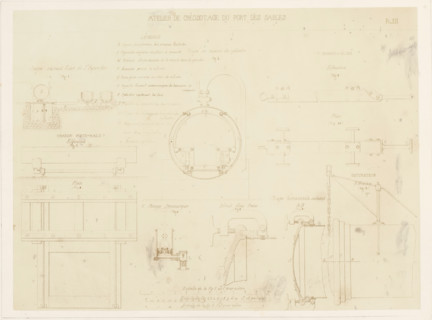 Photo reproduction of design drawings of pumps, clamps, and rails for a creosoting workshop,