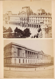 Two exteriors of the Musée du Louvre in Paris, Le Louvre, photograph, page, Paris, c. 1882 - in or