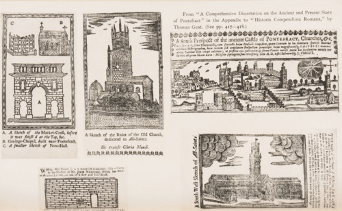 Reproduction of five drawings of buildings in Pontefract, reproduction, page, photomechanical