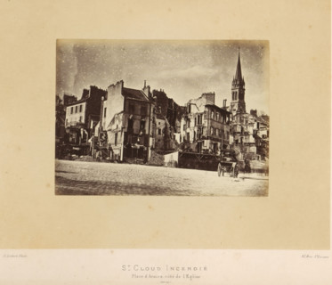 St. Cloud Incendié. Place d'Armes, côté de l'Eglise, View of the Place d'Armes in Saint-Cloud after