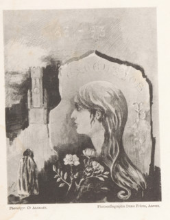 Reproduction of a design for a montage of a person in a cloak, flowers, a tower and a portrait of