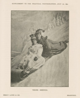 Young America, Portrait of two unknown women on a sled, page, photomechanical print, inscription: