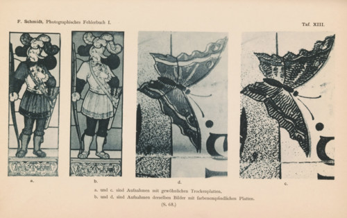 Two examples of results with regular photographic plates and two examples of the same shots on