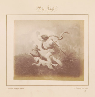 Photographic reproduction of a design of a hunting man with two dogs by J. Carpey, Die Jagd,