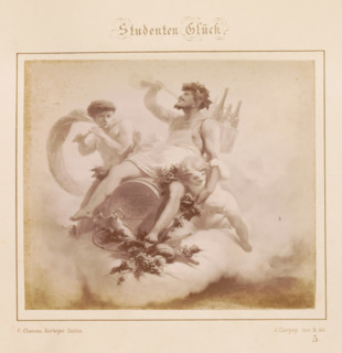 Photographic reproduction of a design of two men and a putti on a wine barrel by J. Carpey,