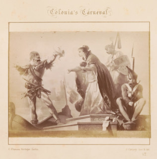 Colonia's Carnival, Photographic reproduction of a design of costumed revelers by J. Carpey,