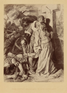 Reproduction of a drawing of a scene from Die Ahnen by Gustav Freitag in which Immo saves Hildegard