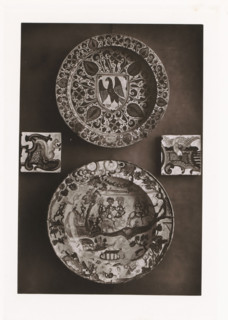 Two bowls and two earthenware tiles, displayed during the Exposition Rétrospective of 1873 in