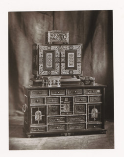 Two cabinets and three chests, displayed during the 1873 Exposition Rétrospective in Tours, France,