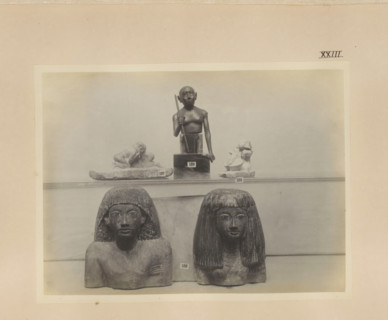Five Egyptian objects, including two busts, photograph, page, number: 'XXIII', c. 1890 - c. 1895,
