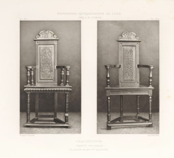 Two 16th-century French wooden chairs, at the Exposition Rétrospective of 1877 in Lyon, France,