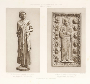 Sculpture of the Angel of the Annunciation and a sculpture of an Evangelist, at the Exposition