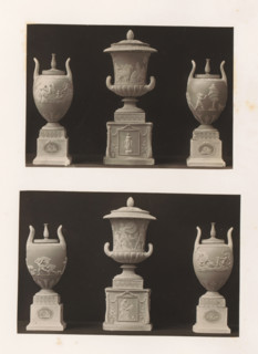 Six decorated vases and bases, photograph, page, photographer: Joseph Cundall, c. 1868 - in or