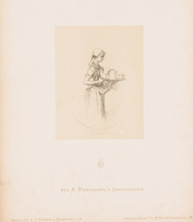 Photo reproduction of a sketch of a maid with a tray of coffee by Albert Hendschel, Aus A.