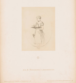 Photo reproduction of a sketch of a maid with a tray of coffee by Albert Hendschel, Aus A.