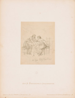 Photo reproduction of a sketch of two women at a table writing a letter, by Albert Hendschel, Aus A