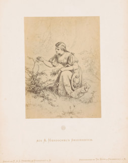 Photo reproduction of a sketch of a girl picking flowers by Albert Hendschel, Aus A. Hendschel's