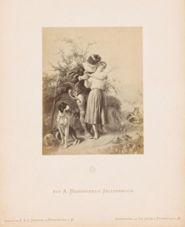 Photo reproduction of a sketch of a hunter and his beloved by Albert Hendschel, Aus A. Hendschel's