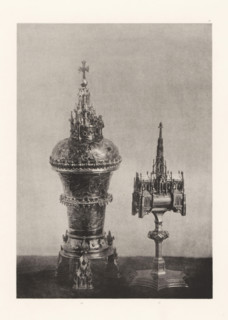 Gilded silver vase and a monstrance, displayed at an exhibition on religious objects from the