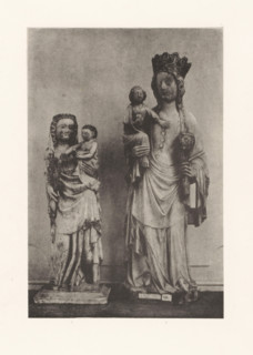 Sculpture of alabaster and a sculpture of marble of Mary with child, displayed at an exhibition of