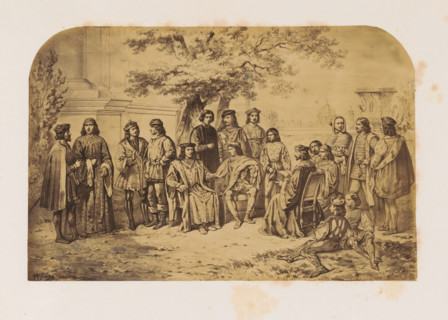 Photo reproduction of a print of the court of Lorenzo I de'Medici, photograph, reproduction, page,