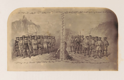 Photo reproduction of a print of Christopher Columbus and Vasco da Gama with their troops,