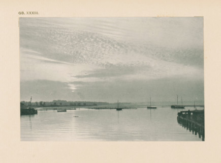 Water landscape with sailing boats, page, photomechanical print, inscription: 'Land & sea by WJ