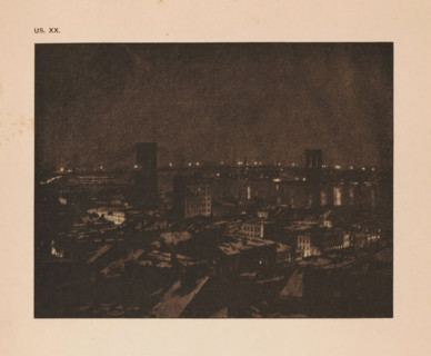 View of New York with the Brooklyn Bridge, page, photomechanical print, inscription: 'US. XX.',