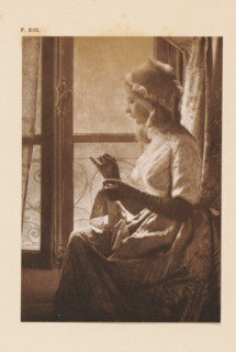 Seamstress at the window, page, photomechanical print, inscription: 'At the window by Paul Bergon',