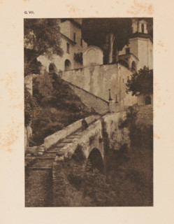 Cityscape in the mountains, page, photomechanical print, inscription: 'Romantic Landscape by Dr. H.
