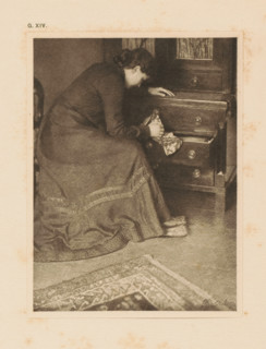 Woman at a chest of drawers, page, photomechanical print, inscription: 'G. XIV.', inscription: