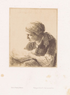 Photo reproduction of an etching of a reading woman by Rembrandt van Rijn, photograph,