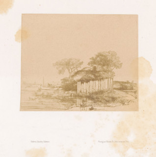 Photo reproduction of an etching of a farm with a white plank fence by Rembrandt van Rijn,