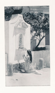Woman praying in front of a statue of Mary, page, photomechanical print, photographer: Paul Bergon,