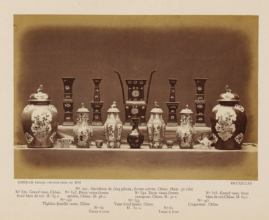 Sixteen objects, including Chinese vases, photograph, page, inscription: 'No. 322. Grand vase,