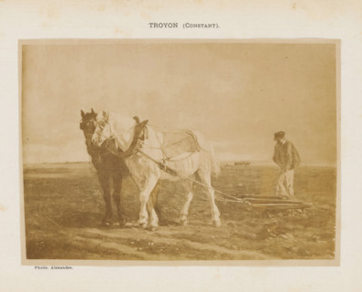 Photo reproduction of a painting of a farmer working in the field with two horses pulling a plow by