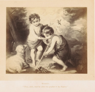 Photo reproduction of a print after a painting, depicting Christ and John the Baptist as children,