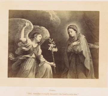 Photo reproduction of a print after a painting depicting the Annunciation, photograph,