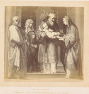 Photo reproduction of a print after a painting, depicting the presentation in the Temple,