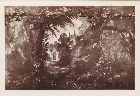 Photographic reproduction of a painting, depicting a view of a church in Stoke, reproduction, page,