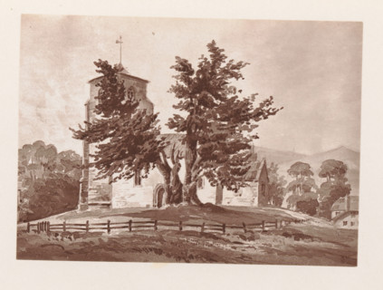Photo reproduction of a painting depicting a view of All Saints Church at Alton Priors,