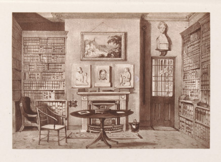 Photographic reproduction of a painting, depicting the interior of a library in the rectory of